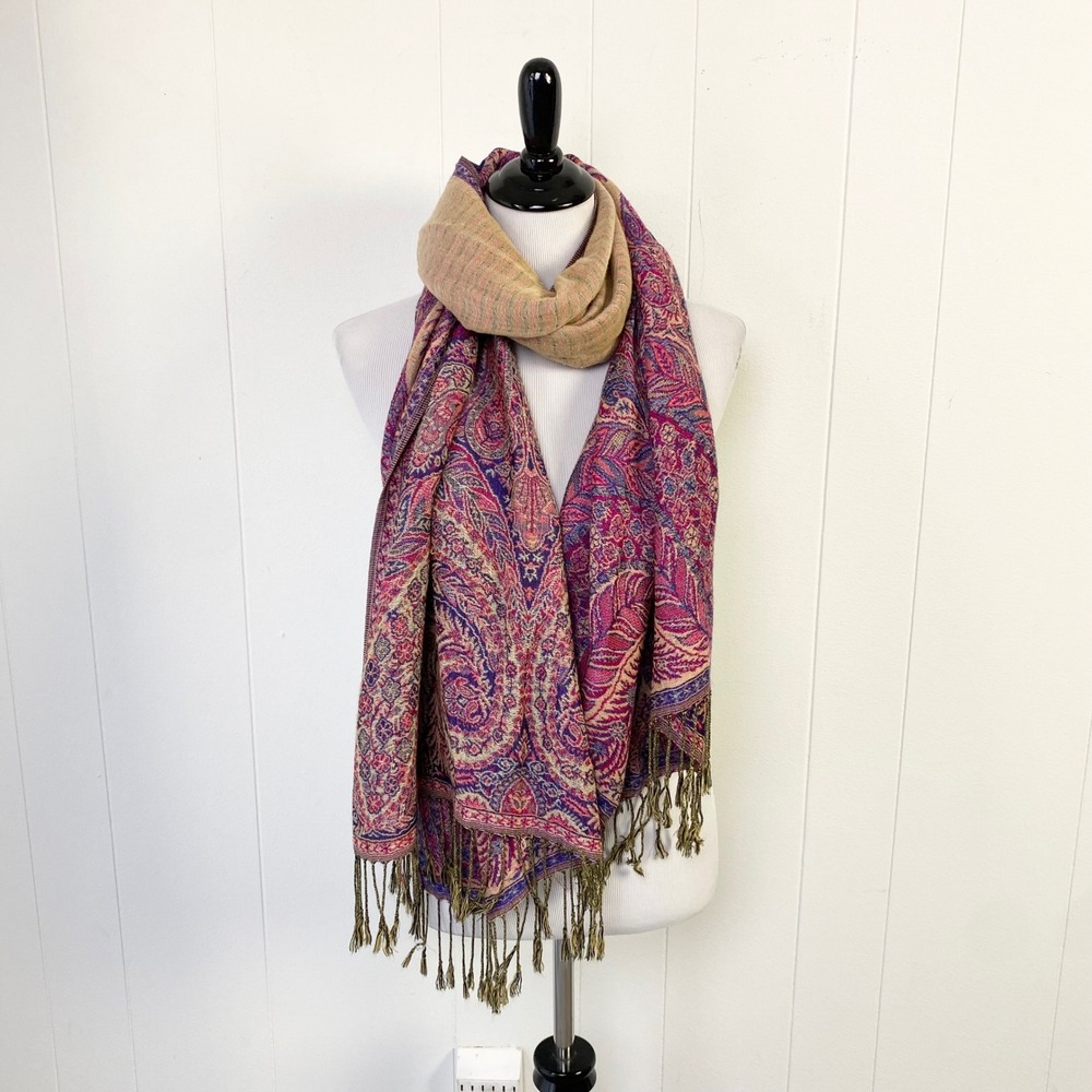 Pashmina Silk Blend Paisley Fringe Shawl Scarf Multi Color Pink Purple Blue